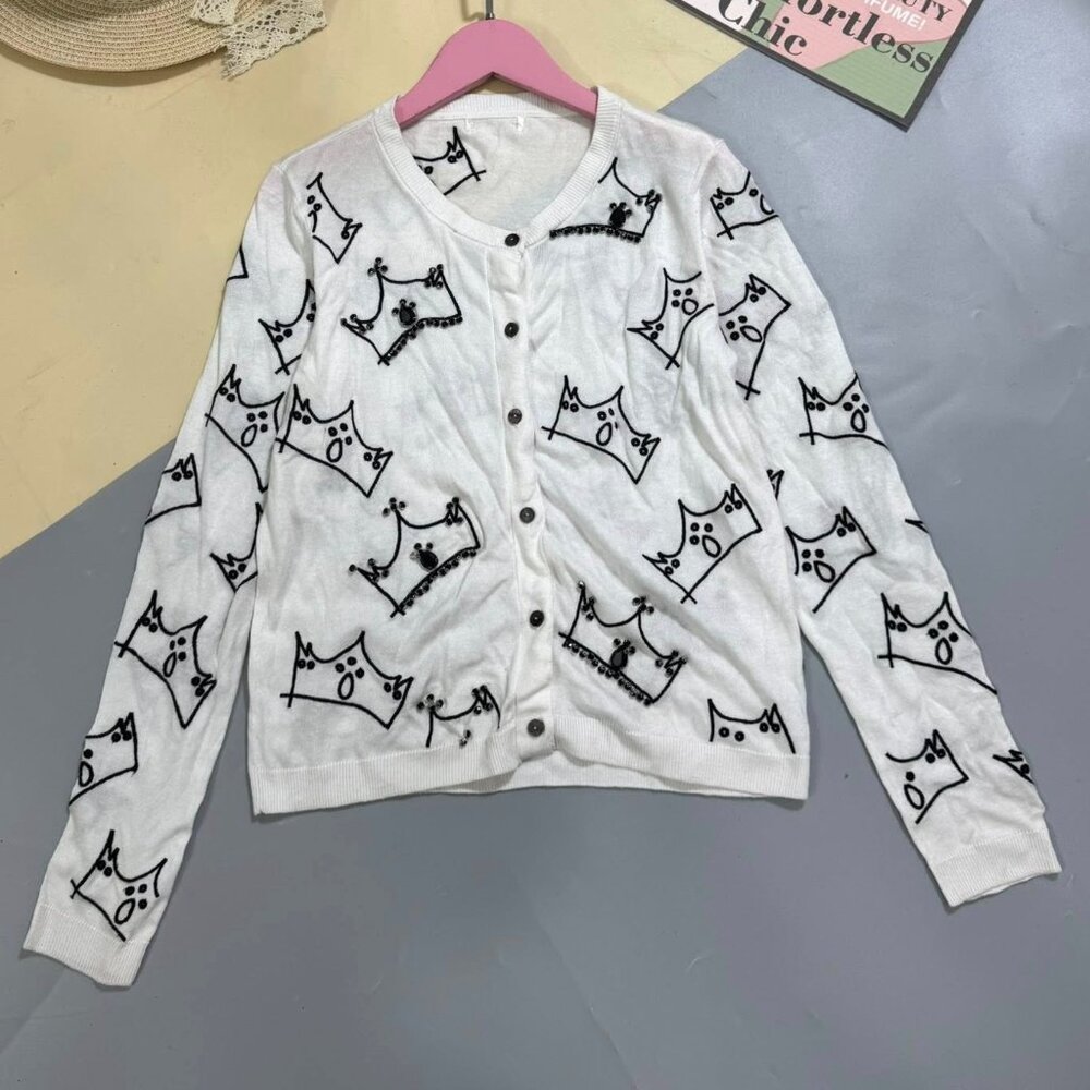 White Crown Print Knit Cardigan Cute Graphic Button Up Top